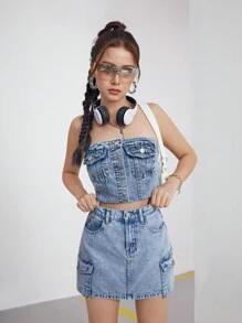 SHEIN Tween Girls' Casual Blue Denim Mid-Length Skirt