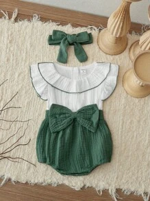 SHEIN Macacão De Corpo Inteiro Para Bebê Menina Com Cabeço, Detalhe De Babados Na Frente Com Faixa De Laço Em Cores Variadas - Multicolorido - Visão 3