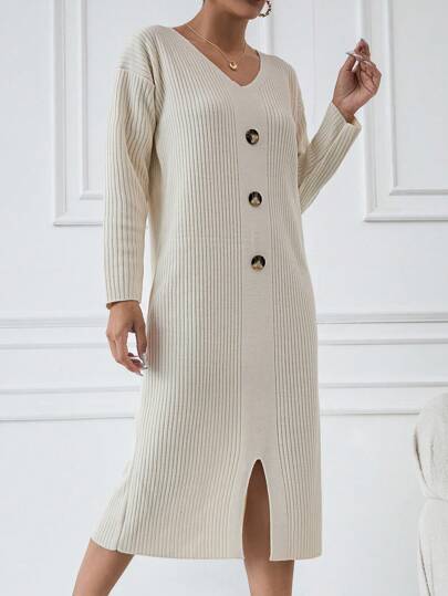 EURMUSE 100% Cotton High Neck Drop Shoulder Long Sleeve Sweater Dress Without Belt