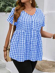 EMERY ROSE Blusa xadrez preta e branca estilo mamãe com decote em V para mulheres de Plus Size, decorada com botões e mangas de morcego, ideal para a primavera - Azul Royal - Visão 5