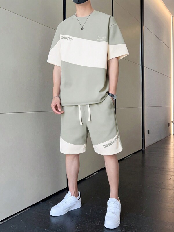 Ensemble t-shirt décontracté à manches courtes avec imprimé lettres col rond et short à taille cordonnée pour hommes, été
