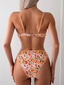 Swim Mod Conjunto de bikini floral de verano sexy estampado para mujer (con acolchado) con estampado aleatorio, conjunto de bikini de dos piezas, traje de baño lindo