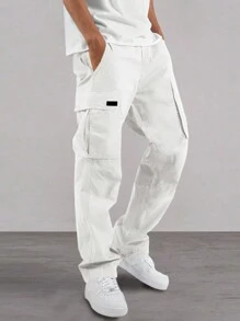 Manfinity Hypemode Pantalon cargo casual à poche de couleur unie pour homme, pantalon cargo blanc avec poches, pour l'automne - Blanc - Voir 1