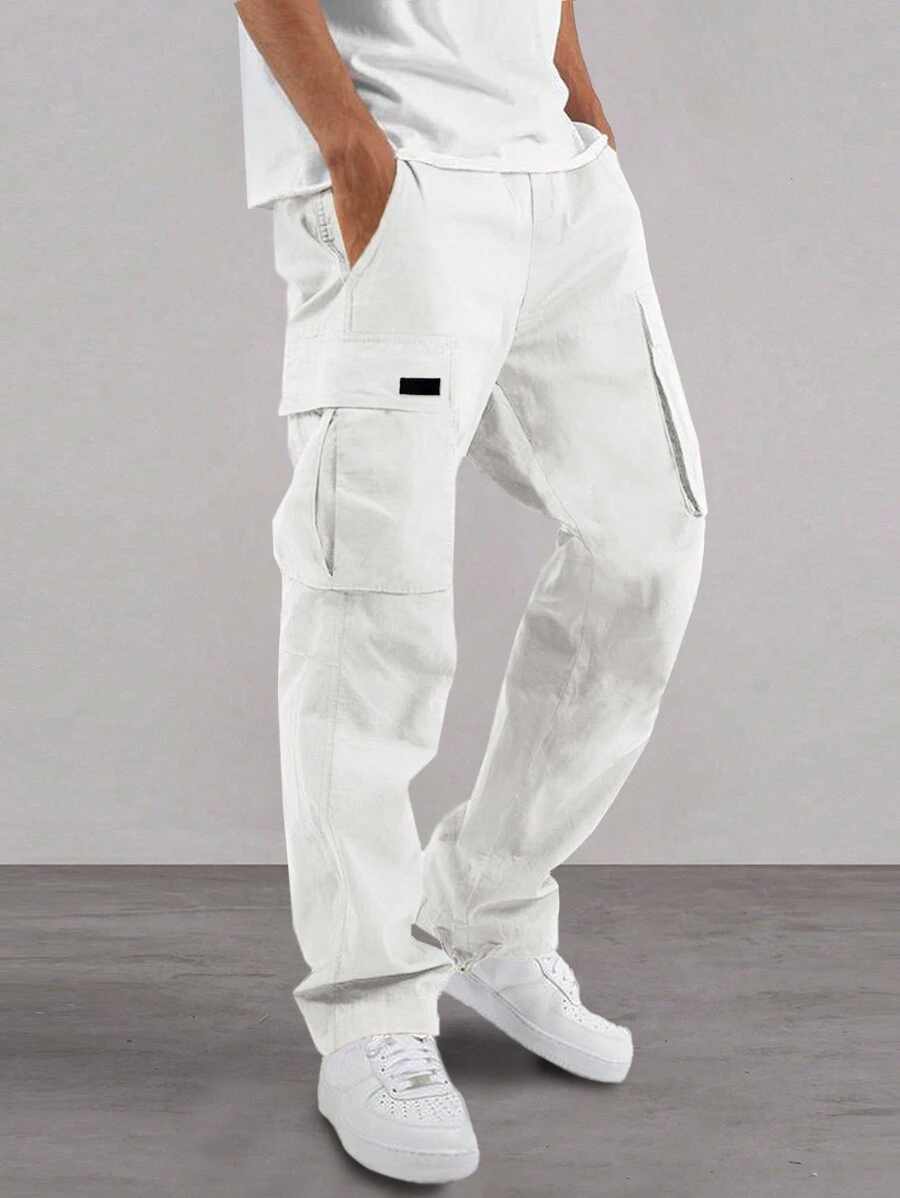 Manfinity Hypemode Pantalon cargo casual à poche de couleur unie pour homme, pantalon cargo blanc avec poches, pour l'automne - Blanc - Voir 1