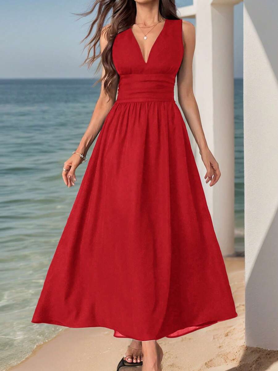 SHEIN Privé 女士法式風格高腰褶裥裙，無袖V領優雅2024新款連衣裙 - 紅色 - 查看 1