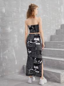 SHEIN Teen Girls Black & White Graffiti Newspaper English Print Strapless Tight Dress And Skirt Casual Streetwear Two-Piece Set
