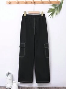 SHEIN Leap Crew Calças De Tecido Colorido Com Ajuste Casual Para Meninos Adolescentes, 1 Peça, Com Decoração De Linha, Adequadas Para Uso Diário, Calças Cargo Pretas - Preto - Visão 3