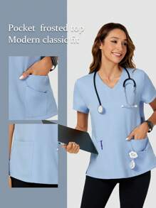 TaskEZ Shein Essnce Women Nurse Uniform Scrubs Summer Short Sleeve V-Neck Nursing Scrubs Top With 3 Pockets - Blue - View 1