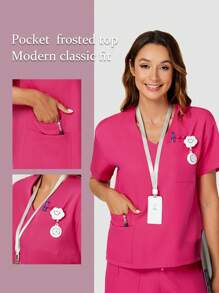 TaskEZ 女士夏季休閒實色短袖擦布上衣，帶有三個口袋和V領，啞光面