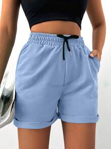 Cloudara Ladies' Solid Color Simple Casual Shorts - Baby Blue - View 5