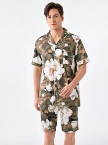 Men's Random Printed Simple Daily Short Sleeve Shorts Homewear - Mocha Brown - View 3