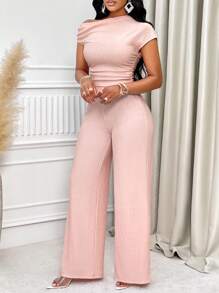 SOLERSUN Solid Color Asymmetrical Neckline Ruched Slim Fit T-Shirt & Wide Leg Pants - Pink - View 3