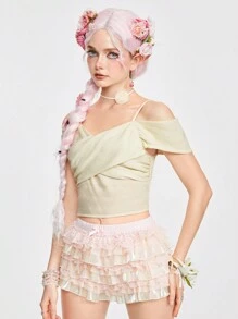 ROMWE Fairycore Top de señora con hombros descubiertos y decoraciones de rosas