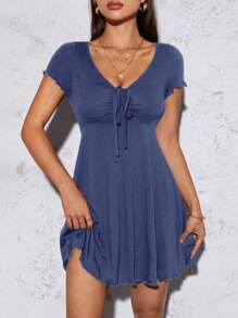SHEIN PETITE Rau diếp Viền dây rút Nút thắt phía trước Trang phục phụ nữ mùa hè Váy đen - Màu xanh hải quân - Xem 1