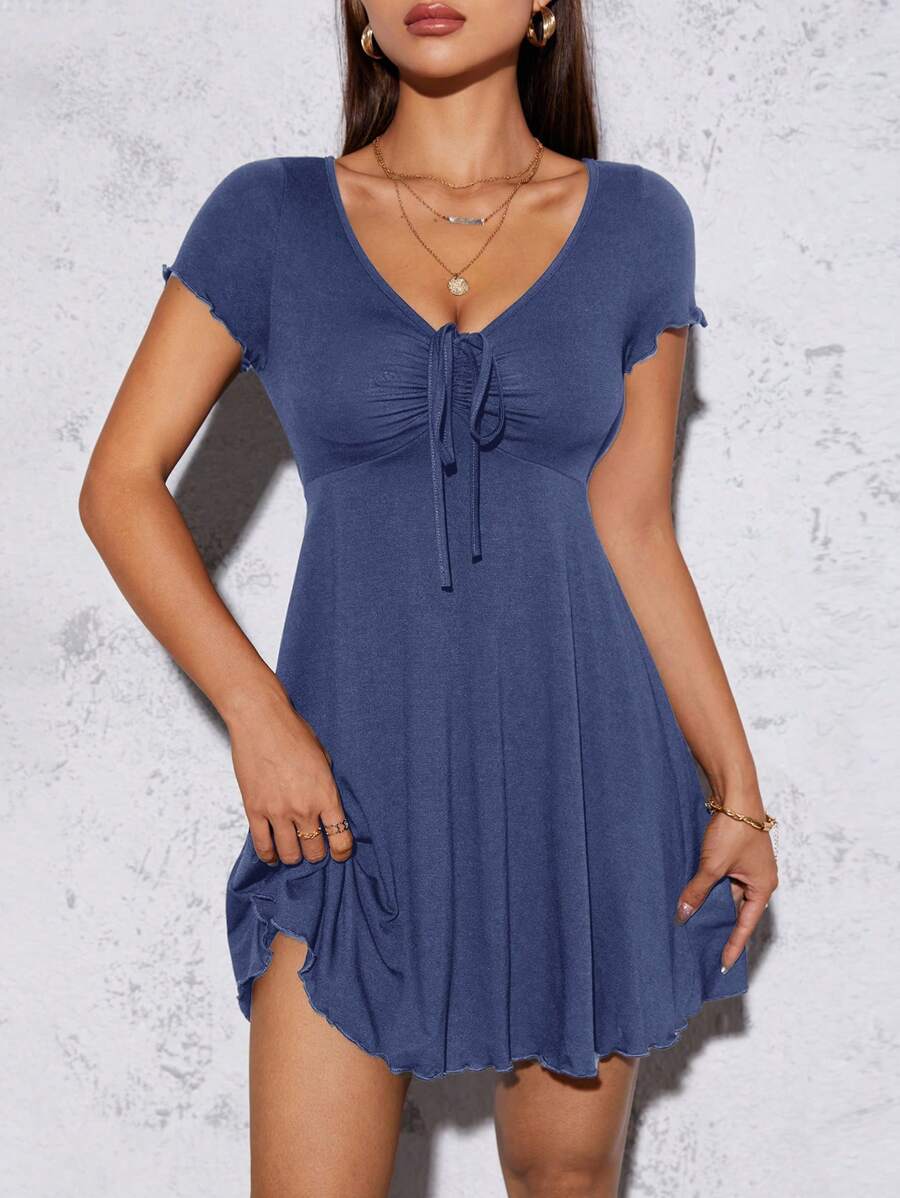 SHEIN PETITE Rau diếp Viền dây rút Nút thắt phía trước Trang phục phụ nữ mùa hè Váy đen - Màu xanh hải quân - Xem 1