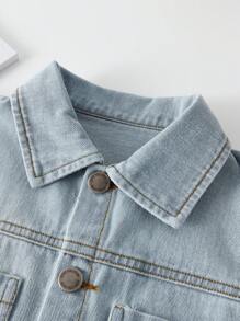 YOUNG GIRL Casual Light Blue Washed Denim Jacket With Flat Pockets And Raw Hem & High Waist Denim Shorts Set - Baby Blue - View 4