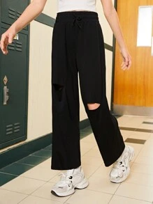 SHEIN Pantalones largos rasgados de unicolor simples para uso diario para niñas preadolescentes - Multicolor - Ver 6