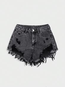 SHEIN EZwear 夏季休閒破洞牛仔短褲 - 黑色 - 查看 3