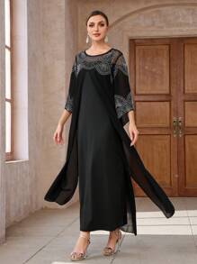 Vestido negro con mangas largas y cuello redondo para mujer, decorado con pedrería árabe - Negro - Ver 7