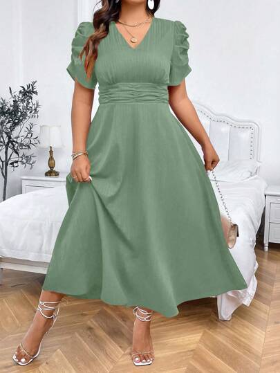 DreamSkyne Vestido largo elegante de talla grande para mujer de verano, unicolor, escote en V, manga corta, dobladillo de burbuja con pliegues en la cintura, atuendo de mujer maxi