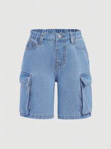 SHEIN Quần short denim xanh dáng suông cạp chun thời kỳ Y2K dành cho bé gái, có túi lớn, thích hợp cho kỳ nghỉ hè. - Rửa nhẹ - Xem 1