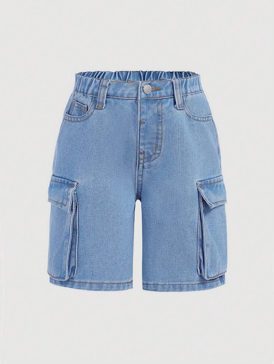 SHEIN Quần short denim xanh dáng suông cạp chun thời kỳ Y2K dành cho bé gái, có túi lớn, thích hợp cho kỳ nghỉ hè. - Rửa nhẹ - Xem 1