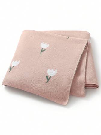1pc Tulip Jacquard Knitted Baby Blanket, Children Blanket For All Seasons Love Valentine