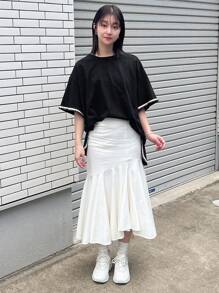 FRIFUL Women's Summer Loose Round Neck T-Shirt With Wide Sleeves And Cuff Splice Design