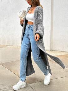 EURMUSE Cable Pattern Long Thick Cardigan - Grey - View 3