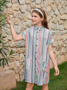 Tween Girl Loose Casual Cotton Color-Block Striped Two Pocket Batwing Sleeve Shirt Dress