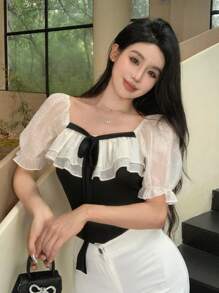 DAZY Áo cánh tay ngắn phối ren vá ngày lễ tình nhân dành cho nữ mùa hè, áo kiểu dáng preppy xếp nếp - màu đen - Xem 6