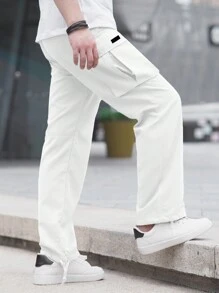 Manfinity Hypemode Pantalon cargo casual à poche de couleur unie pour homme, pantalon cargo blanc avec poches, pour l'automne - Blanc - Voir 2