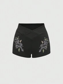 ROMWE Goth Quần legging nữ cạp chữ V họa tiết rắn và hoa siêu ngắn, đi học - màu đen - Xem 1