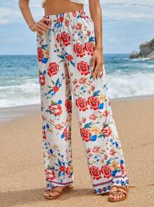 SHEIN VCAY Pantalones largos sencillos impresos al azar para uso diario de mujeres - Blanco - Ver 4