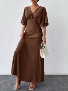 SHEIN Cottnline Women's Solid Color Simple Daily Pleated Dress - Brown - View 5