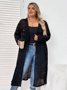 SHEIN CURVE+ Plus Size Women's  Open Front Kimono - Black - View 6