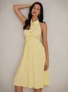 Femmeiva Clean Textured Fabric Twist-Knot Waist Backless Sleeveless Shirt Dress - Yellow - View 2