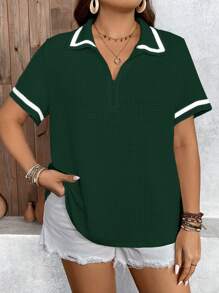 SHEIN LUNE Áo thun cổ bẻ khóa kéo cỡ lớn có viền đen, tay ngắn, vải thoáng khí và co giãn - Màu xanh lá cây đậm - Xem 4