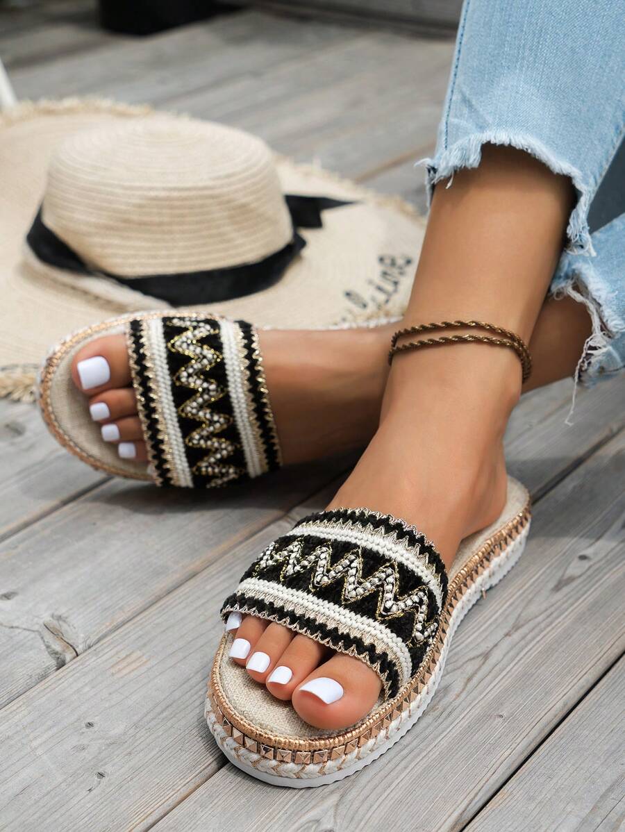 Pantofi negri de vară, sandale cu vârf deschis, broderii colorate, cu tălpi și nituri de frânghie, papuci cu vârf rotund, pantofi de vacanță în stil boem - Multicolor - Vizualizare 1