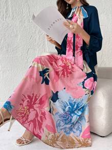 Al Najma 花卉印花女士简约日常连衣裙，休闲宽松阿拉伯朴素长袖连衣裙 - 彩色 - 查看 6