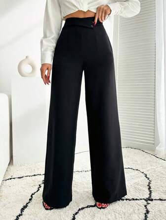 SHEIN Pantalon large noir grande taille avec détail de ceinture