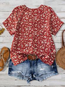 EMERY ROSE Women's Floral Printed V-Neck Short Sleeve Shirt, Summer For New Year Clothes,Short Sleeve Tops