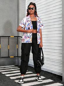 少女休閒街頭風格卡通印花鬆緊上衣和吊帶裝載褲2件套裝 - 黑色 - 查看 4