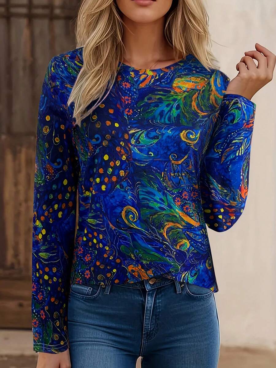 Nuova Maglia Da Donna A Manica Lunga Con Stampa Intera Di Primavera E Autunno - Blu - Visualizzare 1