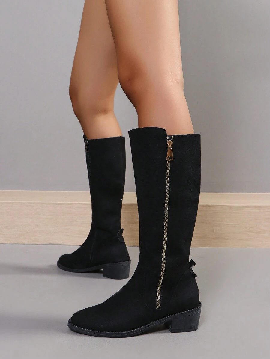 黑色彈性拉式平跟高筒女校靴， 柔軟鞋頭低跟女膝上靴 - 黑色 - 查看 1