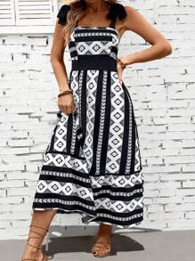 Breezaya 波希米亞風格黑白印花長裙，配帶肩帶的細肩吊帶 - 黑與白 - 查看 3