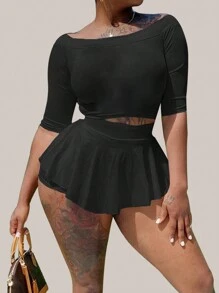 SHEIN Slayr Plus Size Summer Sexy Solid Color Slim-Fit Cropped T-Shirt Mini Skirt 2pcs Set - Black - View 5