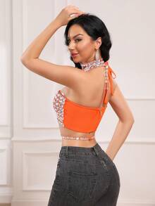 Top de style ras-du-cou en bandage avec strass, sexy et noble, fait main - Orange - Voir 2