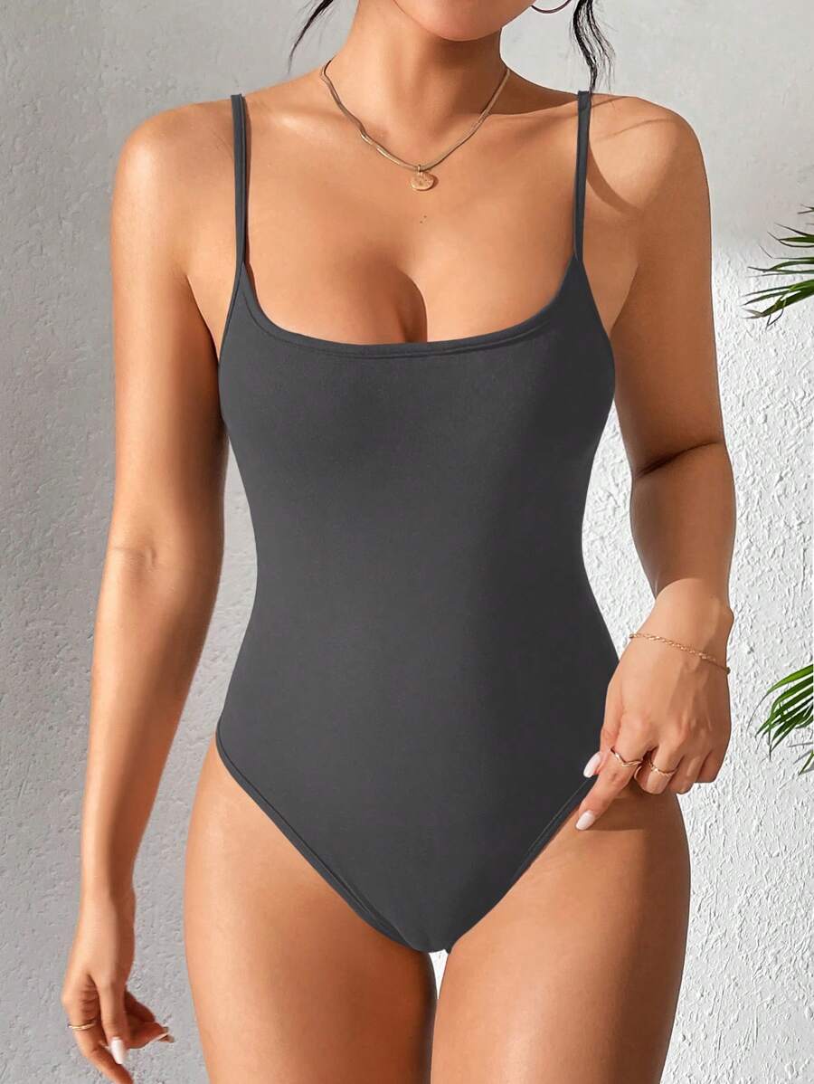 SHEIN PETITE Body informal de mujer con tirantes en unicolor, para el verano - Gris Oscuro - Ver 1