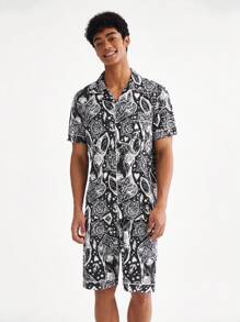Set di camicia a manica corta e pantaloncini a stampa completa per uomo per abbigliamento casalingo in estate - Multicolore - Visualizzare 6
